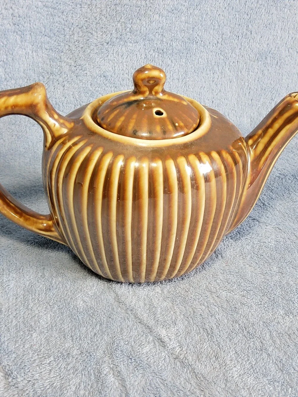 Antique Fraunfelter China Teapot Caramel Brown Ribbed Pottery Ohio USA w/ Lid